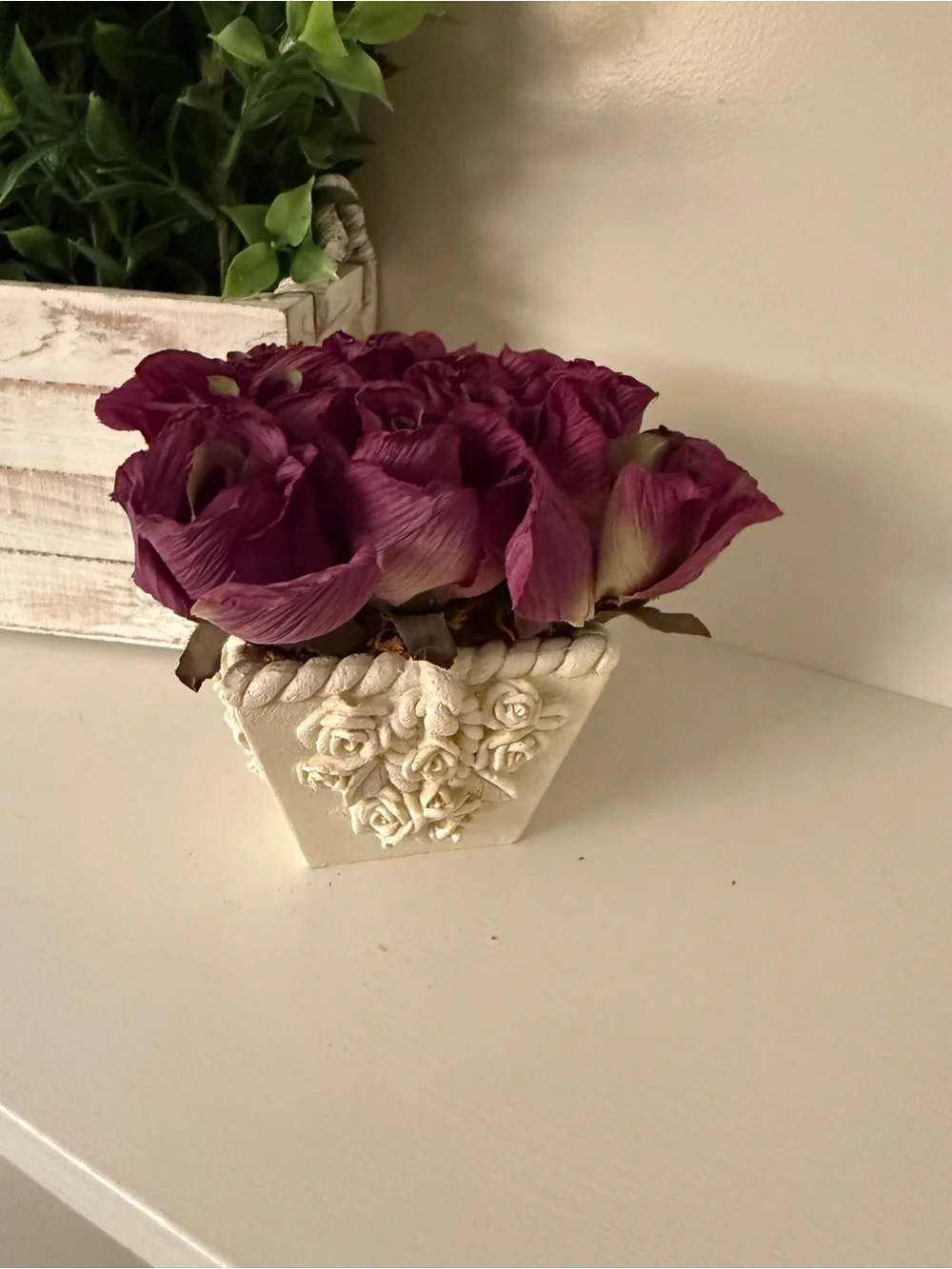 Decorative Faux Purple Floral Arrangement in Embossed Rose Planter Cottage Chic
